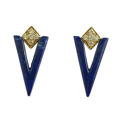 Unique V-Shape Lapis & Natural Round Brilliant Diamo Earrings in 14k Yellow Gold