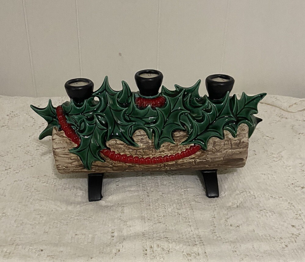 Vintage Atlantic Mold Christmas Yule Log Candle Holder Holly Berries