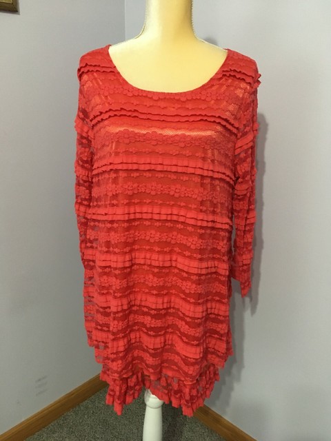 Download PAISLEY VINE Coral Color Ruffled Tunic Top Blouse Size XL Polyester Blend Lace | eBay