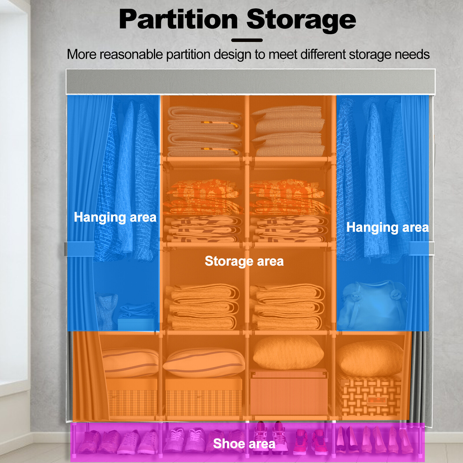 LOEFME Large Grey Fabric Canvas Wardrobe + Hanging Rail Shelving Clothes Storage eBay