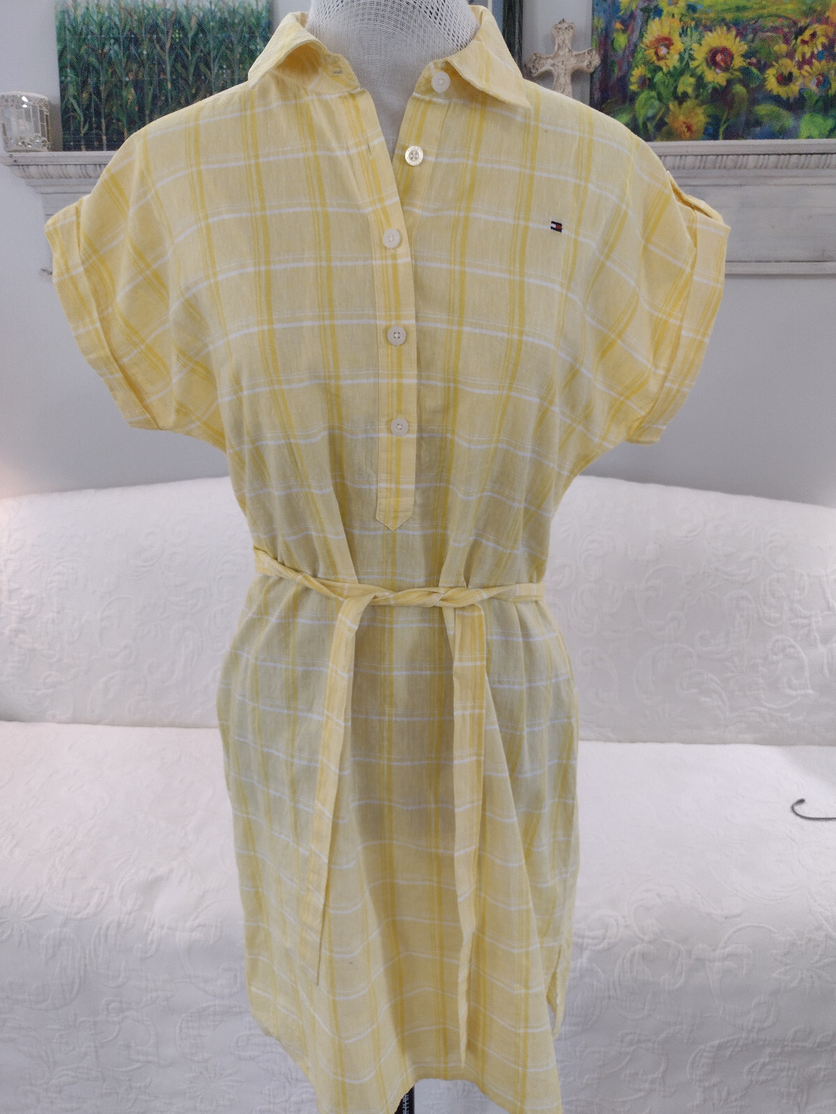 Tommy Hilfiger yellow white plaid linen waist tie dress size 8 summer light