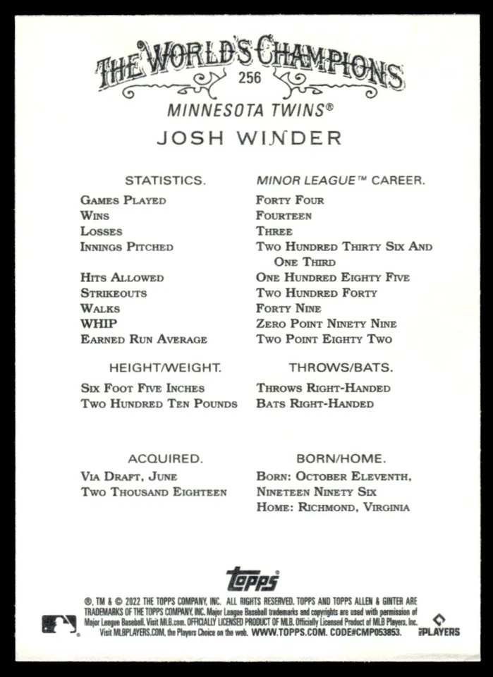 2022 Topps Allen & Ginter Josh Winder Rookie Minnesota Twins #256 R163 - Image 2 of 2