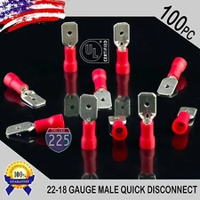 100 Pack 22-18 Gauge Male Quick Disconnect Red Vinyl Crimp Terminals .250" US UL