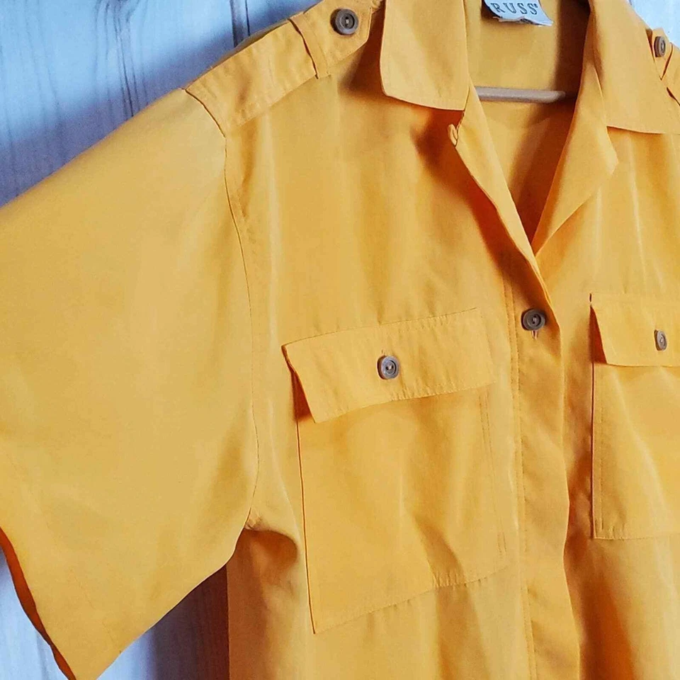 Blusa Safari Vintage Años 80 Russ Amarillo Brillante Botones Manga Corta Talla 12 Foto 3 de 4