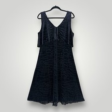 Halston Black Dress Womans 10 Velvet Flounce Textured Zip Back Midi Sleeveless