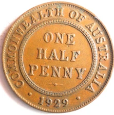 1929 AUSTRALIA HALF PENNY - Excellent Coin - FREE SHIP - Australia HP Bin