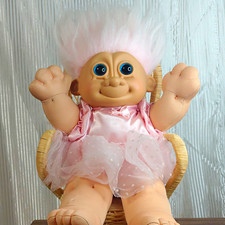 Trolls Vintage Troll Girl Doll 12 in White Straight Hair Blue Eyes Pink Dress