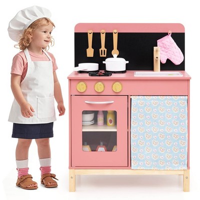 Play Kitchen for Kids with Door Curtain, Stoves Sink & Oven Cookware Accessories