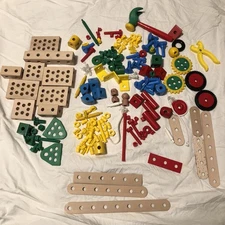 Huge BRIO lot vitnage Construction Set Wood Plastic Toys Tools Stem parts A