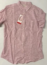 Weatherproof Vintage Mens Linen Blend Short Sleeve Woven Shirt RED Button MEDIUM