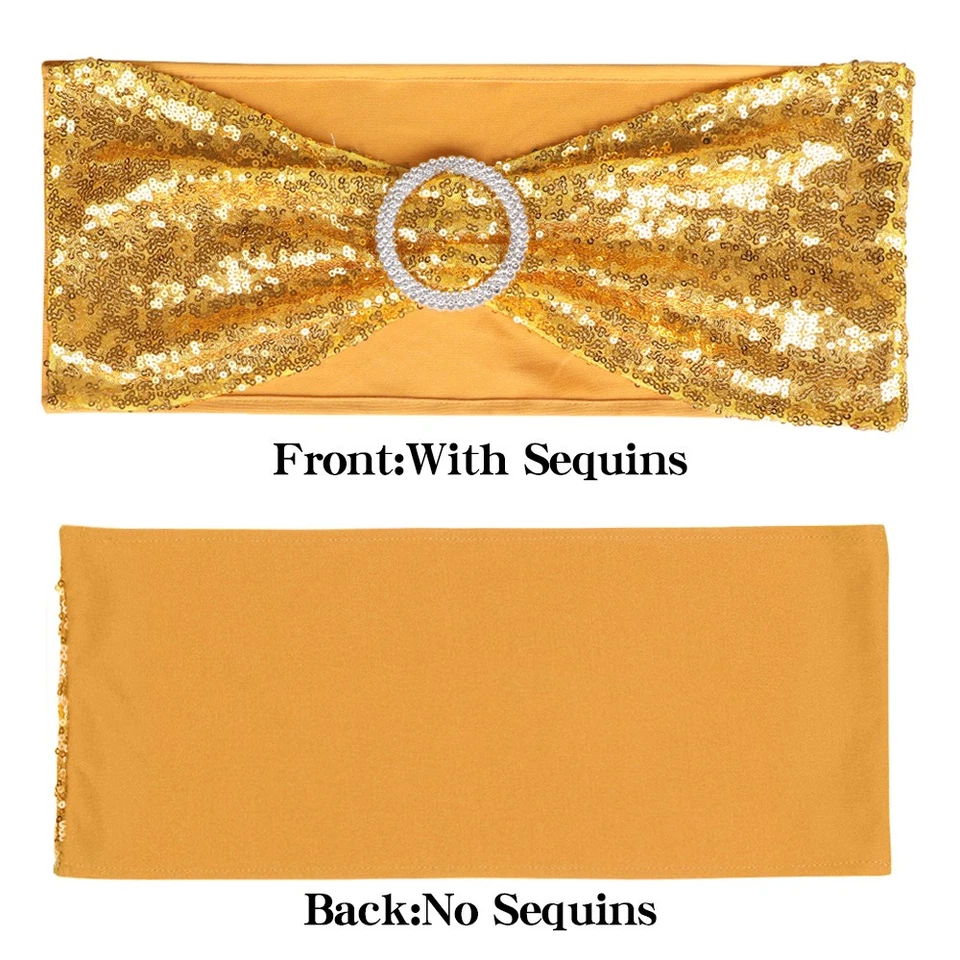 50 piezas marcos de silla de lentejuelas elásticas unilaterales brillo spandex bandas de silla con hebilla Foto 2 de 4