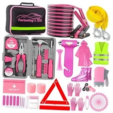 298PCS Roadside Emergency Car Kit- Car Emergency Kit with Jumper Cables, Pink