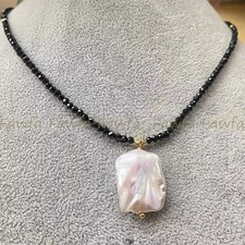 3mm Faceted Black Spinel Natural White Freshwater Baroque Pearl Pendant Necklace