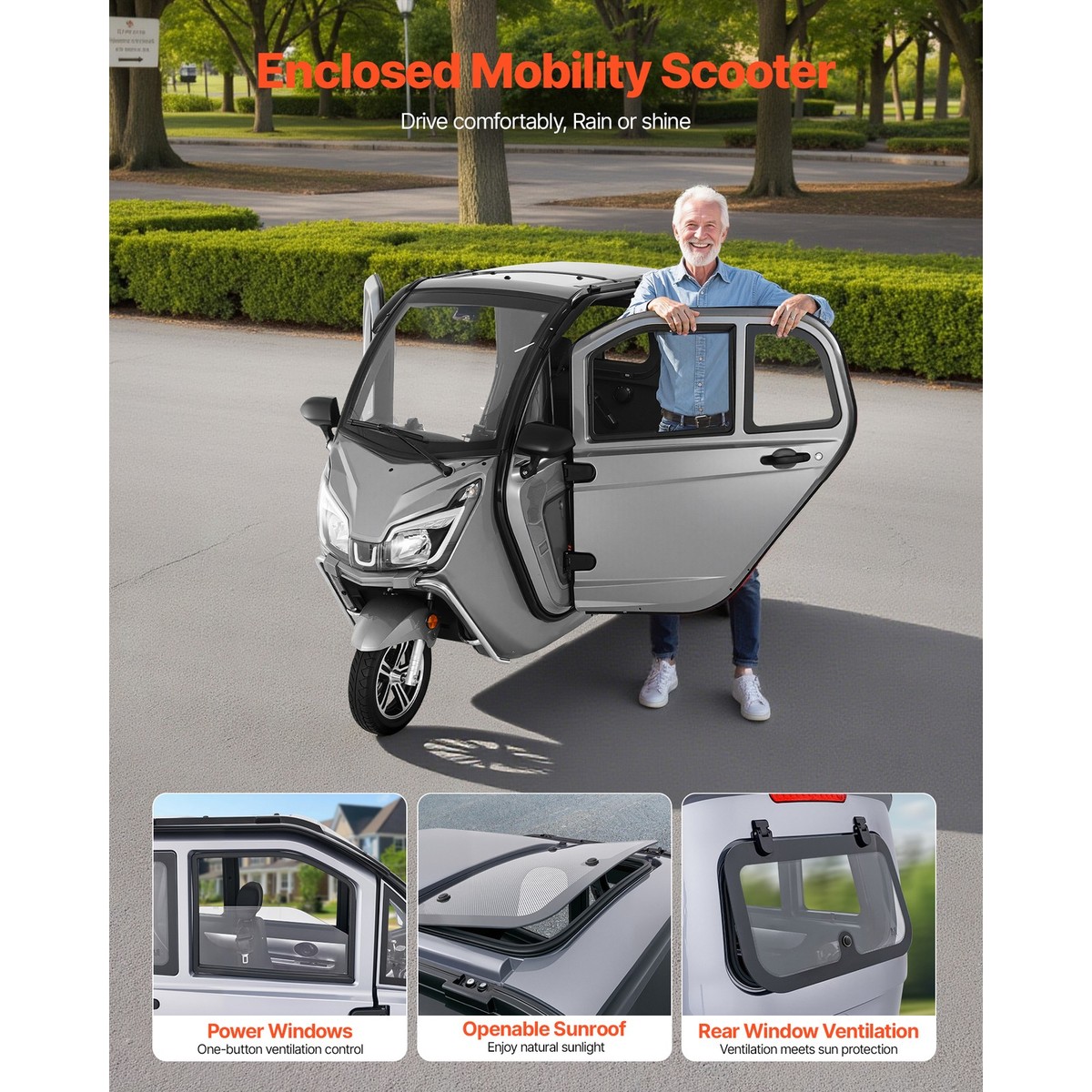 Uimoso 3-Wheel Enclosed Mobility Scooter for Seniors, 650lbs,