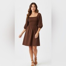 Bar III Womens Smocked Babydoll Dress Bishop Sleeve XL Brown Romantic Boho