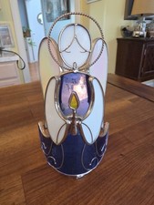 Christmas Angel Tea Light Candle Holder Genuine Stained Glass Blue  Gold 7.5" H