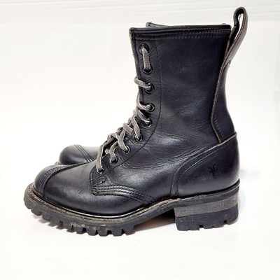 Vtg Frye Logger Black Leather Combat Biker Lace Boots Vibram  display picture 2