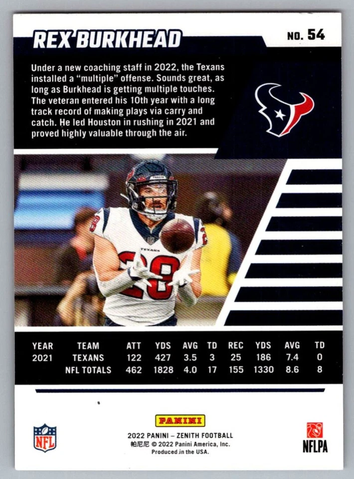 2022 Zenith Rex Burkhead Houston Texans #54 - Image 2 of 2