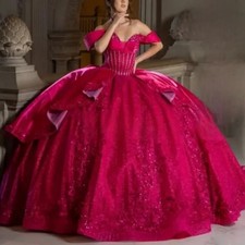 Rose Pink Shiny Quinceanera Dresses Lace Layering Crystal Sequins Flower Sweet16