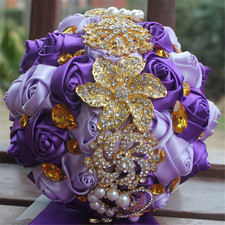 Elegant Purple Satin Rose Brooch Bouquet for Weddings and Bridesmaids