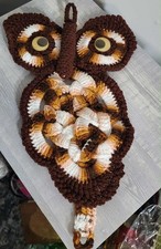 Vintage Crochet Owl Wall Hanging Decor Brown Orange Boho 70  s Handmade