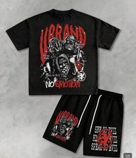 UBRAND Men's 2-Piece Graphic Print T-Shirt Drawstring Shorts Set L No Emotion