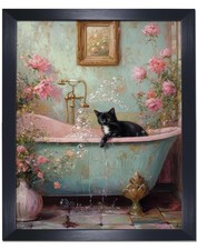 Funny Cute Black Cat In Bathtub Vintage Floral Bathroom Wall Art black framed...