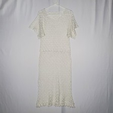 Vintage Ivory Crochet Dress M/L Handmade Sheer Beachy Feminine Cottagecore Midi