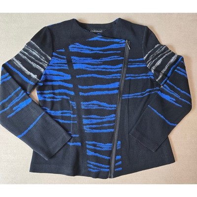 Ming Wang Knit Jacket Black Blue Stripe Pattern Zip Front Cardigan Top PS Small
