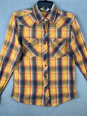 Salt Valley Western Shirt Mens Medium Yellow Cotton Plaid Pearl Snap Rodeo Ranch
