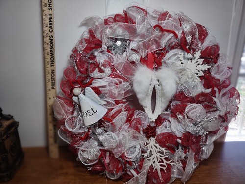 Red & White 18" Ribbon Wreath with Porcelain Ornaments