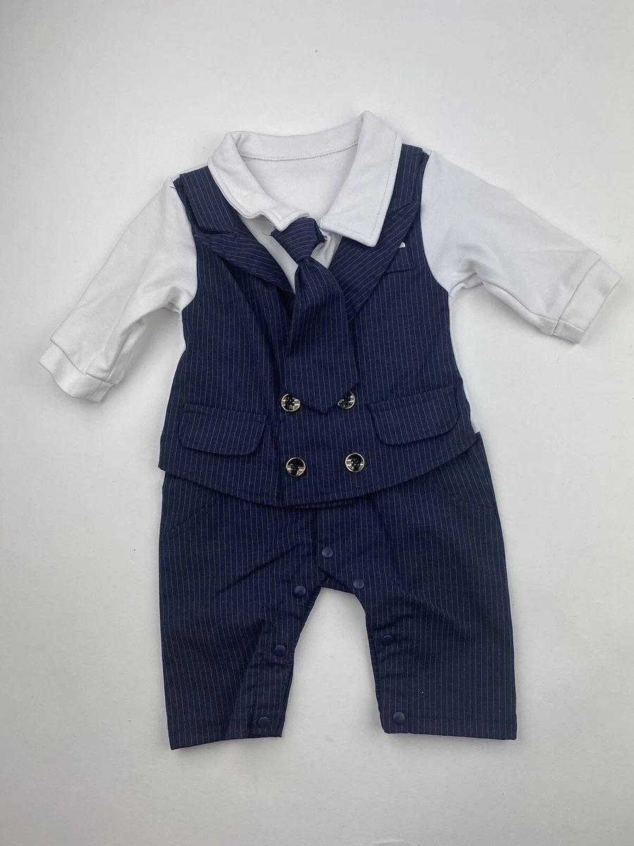 Shein Baby Boys Dressy Church Suit Outfit One Piece Navy Blue Tie 0-3  Months