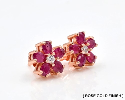 2 CT Oval Lab Created Pink Ruby Flower Shape Stud Earring 14K Rose Gold Finish - Picture 5 of 5