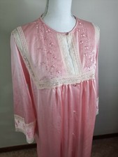 Vintage Komar Vtg Small Nightgown Pink Satin Trim Long Sleeve Modest D4S