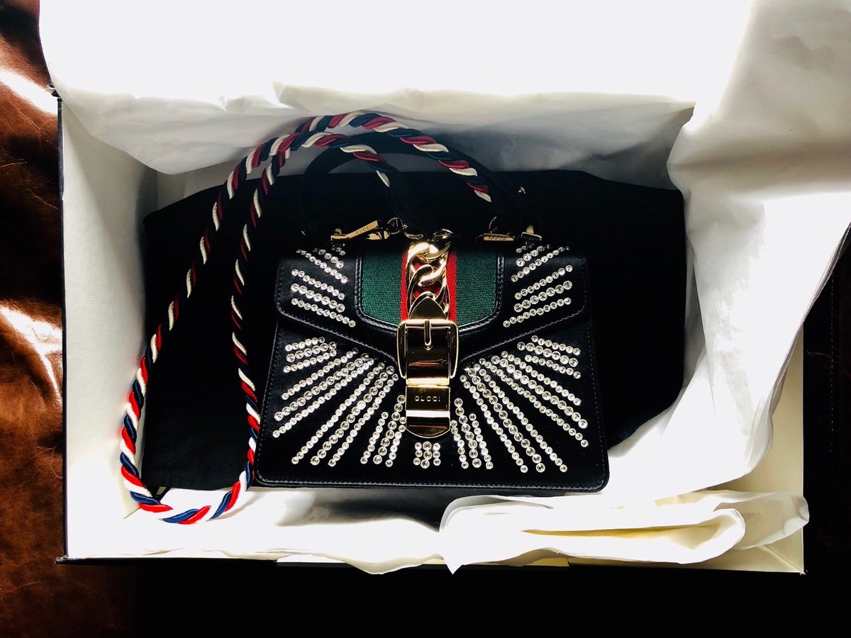 new 2018 Gucci Sylvie Mini Leather Embellished Satin Top Handle