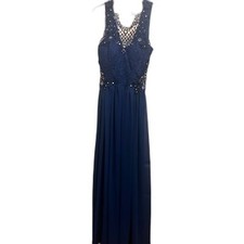 Navy Blue Lace Bodice Maxi Dress Formal Gown Evening Party Bridesmaid