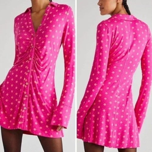 Free People Shayla Mini Dress Printed Polka Dot Long Sleeves Hot Pink Sz Med - Picture 3 of 10