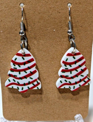 Little Debbie-like Christmas Tree Snack Cake Dangle Earrings Red/White Holiday