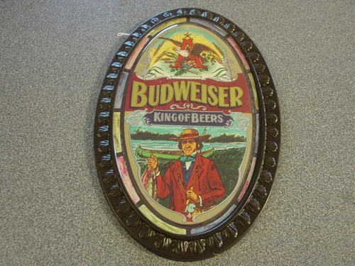 VINTAGE 12” OVAL BEER SIGN BUDWEISER KING OF BEERS - FISHERMAN ADVERTISING SIGN