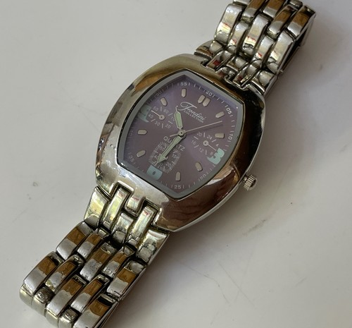 Vtg Fondini Men’s Unisex Semi Oval Wristwatch Watch Purple Face Silver Tone AP1 - Picture 2 of 12
