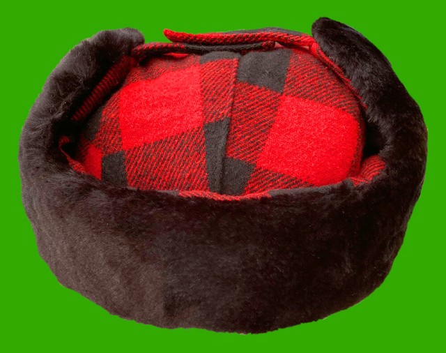 "Elmer Fudd" Hunting Hat Dog EarFlaps RedBlack Wool Buffalo Plaid