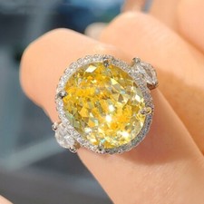New Oval Shinny Starry Cut Yellow Citrine Gemstone Charm Women Girl Silver Ring