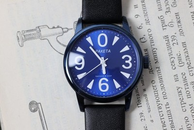 Raketa Big Zero 1990s Soviet Mens Wrist Watch, Blue Dial, Unique Mechanical 