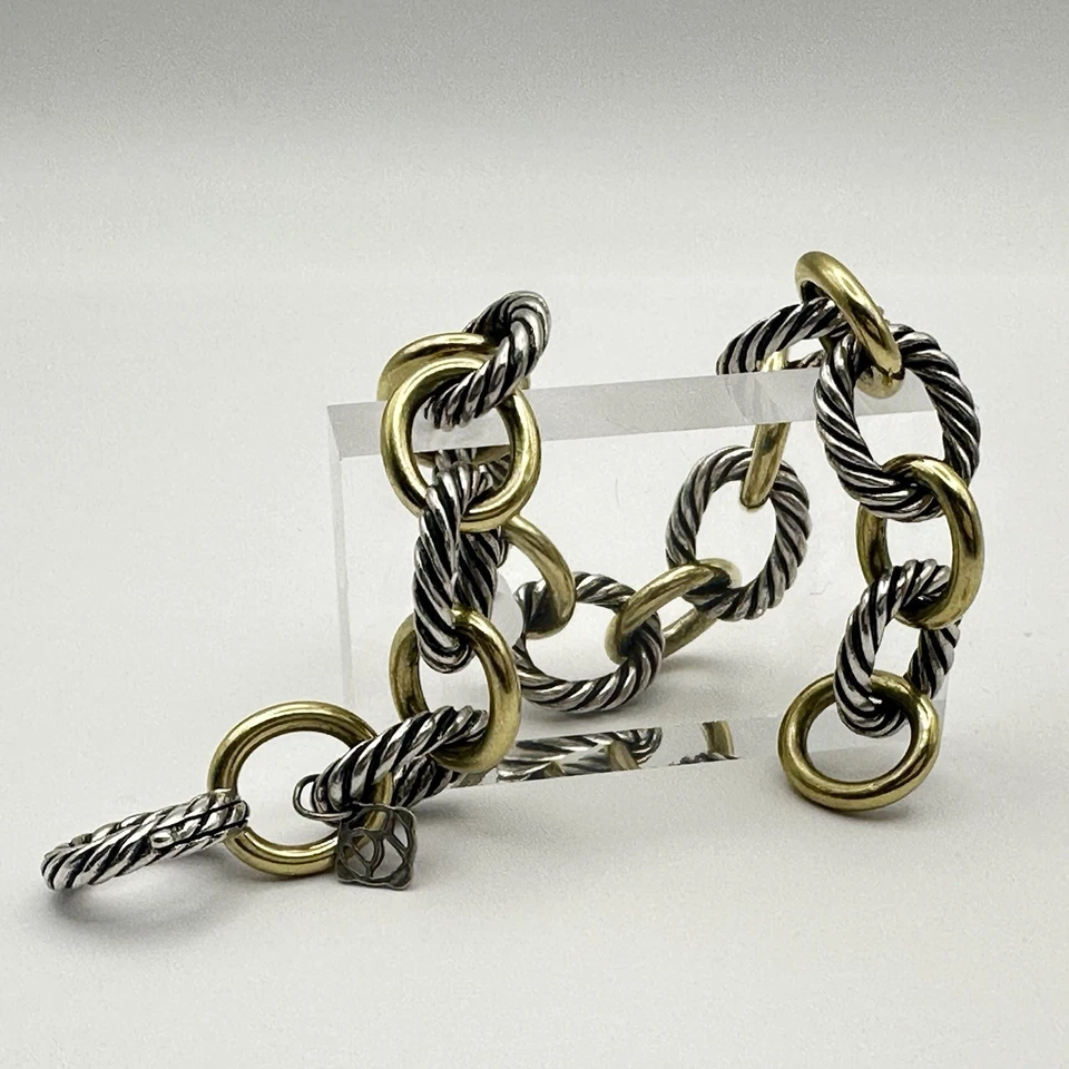 David Yurman DY 750 18k 925 Sterling Silver Oval Link Chain Bracelet 12mm 7.5” - Image 4 of 4