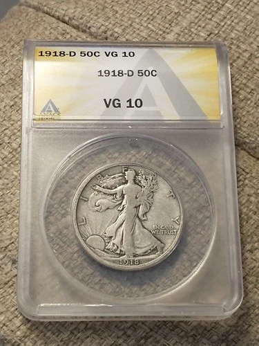 1918-D Better Date Walking Liberty Half Dollar, ANACS VG 10 Strong for Grade