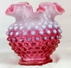 VTG Fenton Cranberry Hobnail Vase – White Crest – Footed Ruffled Rim – Art Glass