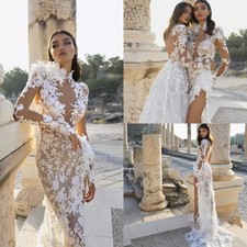 High Side Split Wedding Dresses Lace 3D Floral Applique Mermaid Bridal Gowns