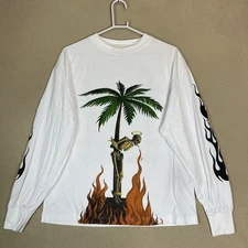 Palm Angels T Shirt Mens L White Long Sleeve Burning Skeleton Graphic Crew Neck