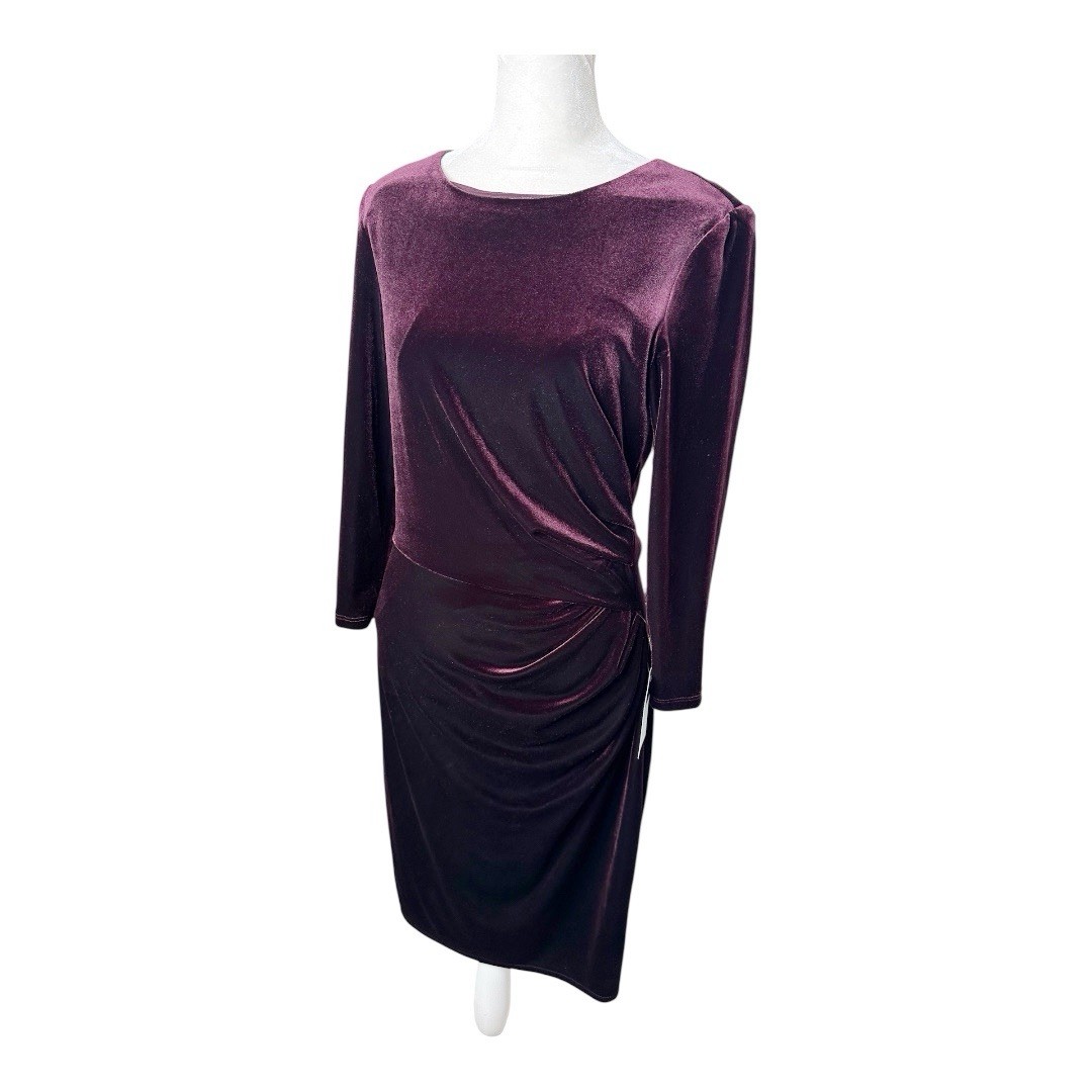 Eliza J Burgundy Velvet Sheath Dress Side Ruching Size 8 New 3/4 Sleeves  Holiday