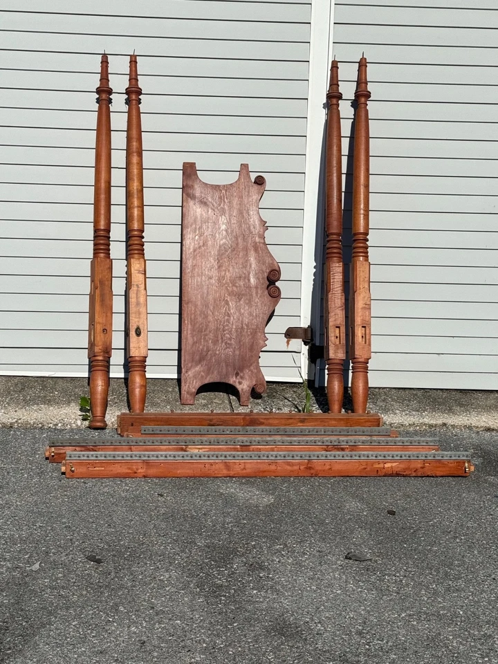 Antique tall poster bed canopy figured cherry 1820 American salvage repurpose - Image 3 of 4